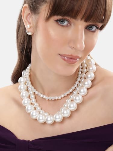 Image of Mansiyaorange Bold & Fine Layered Pearl Necklace with Matching Dual Pearl Stud Earrings - Statement Jewelry Set for Women