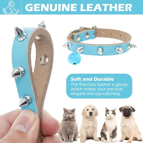 BINGPET Spiked Leather Cat Collar with Bells, Studded Dog Collar with Buckle, Soft Goth Kitten Collars with Spikes Adjustable, Punk Gothic Pet Accessories for Small Dog Puppies, Blue 10.2 "- 13" — view 3