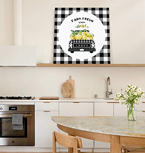 Canvas Wall Art For Living Room,Bathroom,Bedroom,Black Grey Buffalo Plaid Farm Truck Carry Lemons Rustic,Farmhouse Style Wall Decor,Stretched And Framed Painting Poster Ready To Hang,20'' X 20'' #TOP2