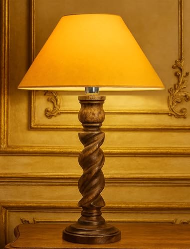 Image of Homesake Handcrafted Wooden Table Lamp for Bedroom & Living Room|Decorative Bedside Reading Lamp, E27 Holder|Bulb Included |Twister Classic Black Wooden Rustic for Home Decor, Golden Cone Shade