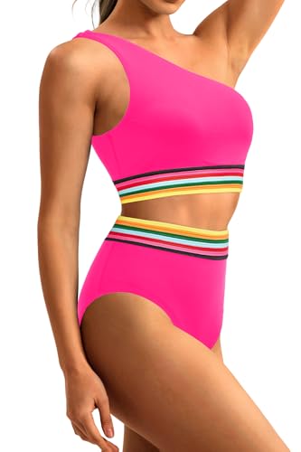 Image of Holipick Women One Shoulder High Waisted Bikini Set Two Piece Tummy Control Swimsuits Full Coverage Bathing Suit
