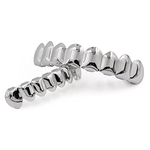Jinao Silver Grill 18K Gold Plated Gold Finish 8 Top Teeth 8 Bottom Tooth Grillz Hip Hop Mouth Grills For Men Women (Silver Set) #TOP1