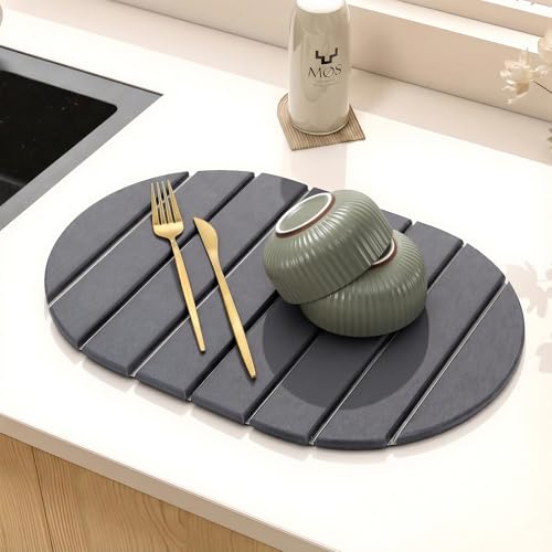 Protector de Encimera para Cocina, Alfombrilla Absorbente de Diatomita, para Fregadero y Vajilla, Secado Rápido, Antideslizante (40 × 30 cm, Gris Oscuro)