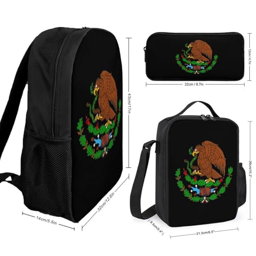 Mexican Flag Symbol Classic Backpack Lunch Bag Pencil Case 3 Piece Set Travel Daypack2