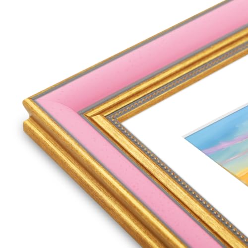 Image of Golden State Art,8x10 Ornate Picture Frame Holds 5x7 Photo,Pink Gold | Includes real glass front,white mat,easel stand,build-in hangers and buttons.Displays 5x7 photo on wall or tabletop