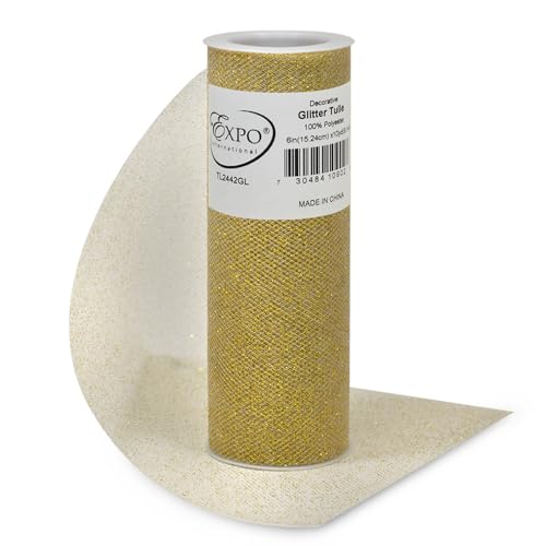 Image of Expo International Decorative Glitter Tulle, Roll /Spool of 6 inch X 10 Yards, Lightweight Polyester Tulle Fabric for Costumes, Wedding, and Party Decorations, Washable, Easy-to-Use, Gold