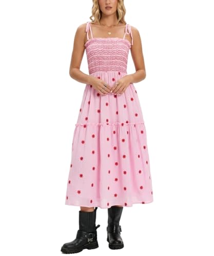 Image of Women Floral Embroidered Maxi Dress Boho Sleeveless Tie Strap Shoulder Dresses Smocked Summer Sundress with Pockets