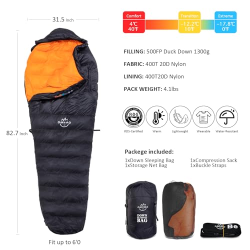 Saco de dormir OMVMO 0 grados F con relleno de plumas 650 para adultos, forma momia, para camping, excursionismo y mochila, 4 estaciones, cremallera derecha, talla regular para hasta 6'0'' miniatura 3