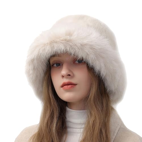 Peicees Winter Bucket Hat for Women Fur Russian Ushanka Ladies Fluffy Snow Hat Fuzzy Fisherman Cap Warm Cute