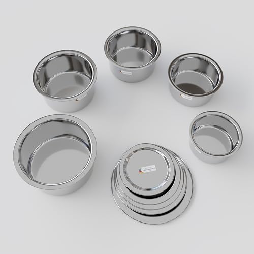 Image of Stainless Steel Tope Patila Pot Pan Cookware Set with LIds, 5 Pieces, Induction and Gas Stove Friendly, Sandwich Bottom, Silver
