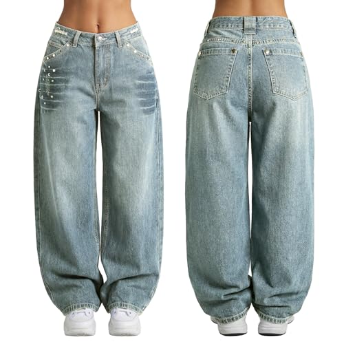 Image of EMMIOL Women Hip Hop 90s Vintage Baggy Jeans Denim Pants Mid Waist Jeans
