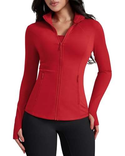 AVGO Womens Workout Jackets Lightweight Athletic Zip Up Jacket Slim Fit Running Gym Top with Pockets & Thumb Holes(Red, M)