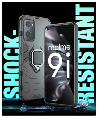 Image of WOW IMAGINE Shock Proof Back Case Mobile Cover for Realme 9I 4G | Back Cover Case (Tough Armor | Hybrid PC + TPU | Ring Holder & in-Built Kickstand | Black)