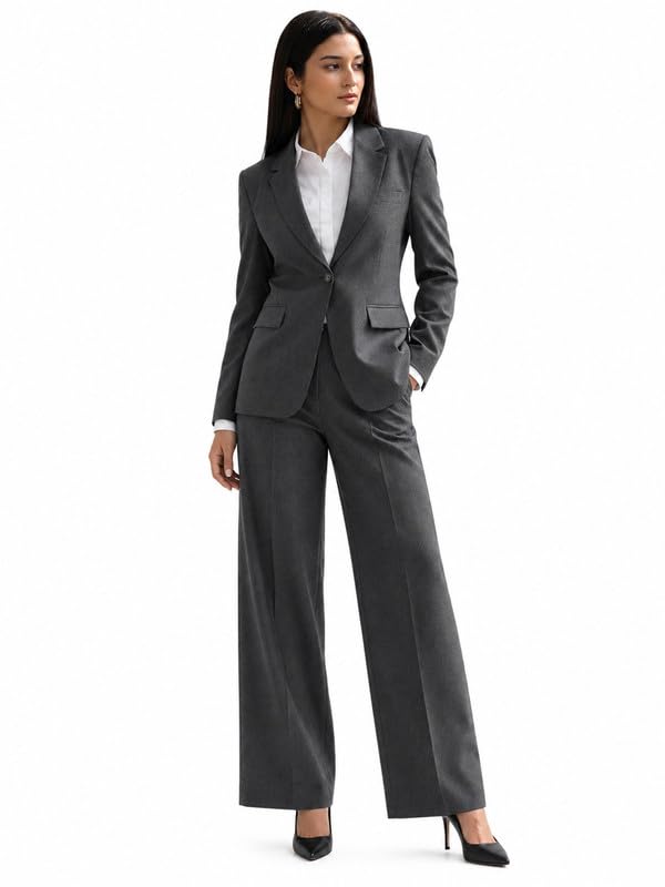 Image of Hancock Women Solid Slim Fit Single Breasted Blazer with Wide Leg Trouser Suit Set