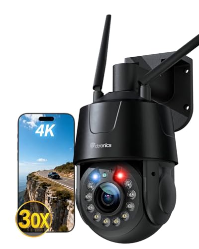 Ctronics 4K 30X Zoom Óptico Cámara Vigilancia WiFi Exterior, Auto Segui/Zoom, Visión Nocturna IR 150m/50m Color, 5G/2,4GHz, Sirena & Luz Roja/Azul, Patrullas & 32 Preajustes, 256GB/FTP/NVR, Metal