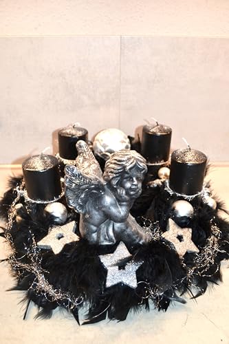 Adventskranz mit Engel Federn schwarz Silber 40 cm künstlich Weihnachten...