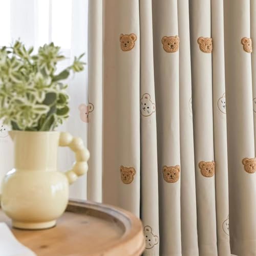 Image of Cartoon Bears Window Curtains for Kids Room Nursery Animal Embroidery Blackout Curtains Room Darkening Window Drapes for Girls Boys Bedroom Living Room Grommet, 1 Panel (W39 L84 inch,Beige Cloth)