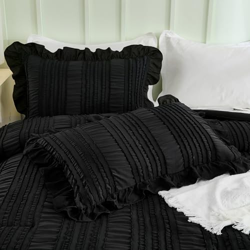 Edredón con volantes negro tamaño Queen para un dormitorio Shabby Chic moderno 6