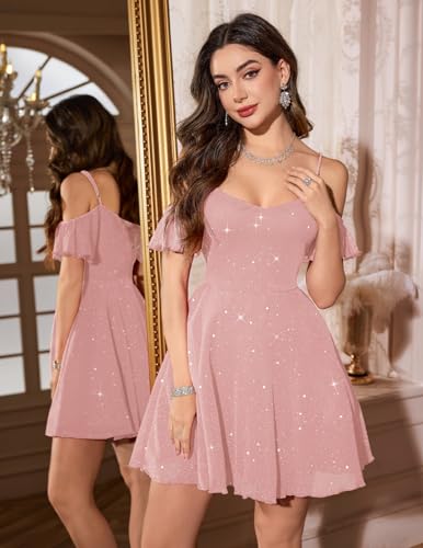 Image of Meetjen Women's Short Cocktail Dresses for Teens Formal Homecoming Sparkly Off Shoulder Tulle Sequin Prom Party Dress