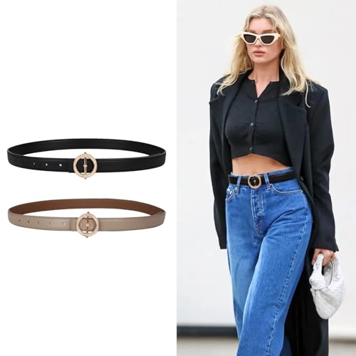 Image of Aurolran Women's Fashion Classic Metal Buckle Leather Belt with Jeans Dress