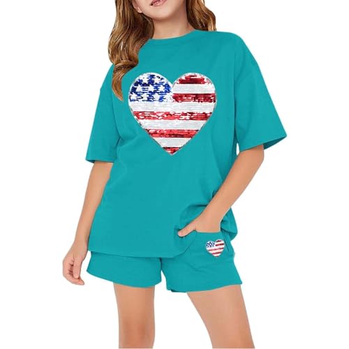 Teen Girls 2 Piece Shorts Set Matching Workout Outfits American Flag Graphic Tees and Shorts Patriotic Clothes Loung𝐞wear2