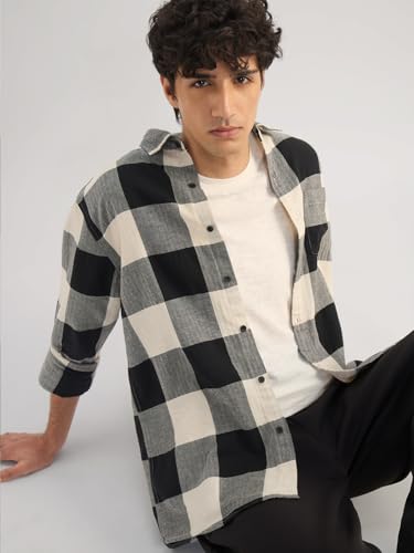 Image of The Souled Store: Blue Sails Men and Boys Long Sleeve Collared Neck Button Front Blue and Cream Checked Embroidered Regular Fit Cotton Linen Shirt