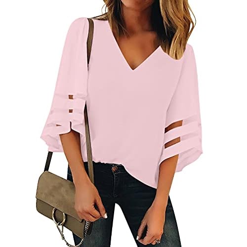 luvamia Women's Casual V Neck Blouse 3/4 Bell Sleeve Mesh Panel Shirts Loose Top Large Light Pink Cradle Pink