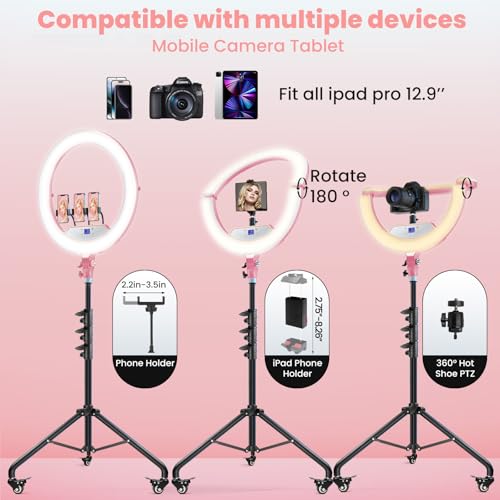 22" Foldable Ring Light with Stand for iPhone ipad, 75" Tripod with Wheels 50W 6500K LED Display/2 USB Ports Large Ringlight Rolling, Tattoo Barber Makeup Studio Video Photography Lighting(Pink)