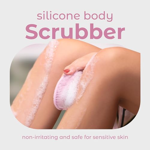 Image of MainBasics Exfoliating Silicone Body Scrubber Pro 2-in-1 Shower Scrubber for Body Care, Silicone Loofah and Massager (Pale Pink, Body + Massage)