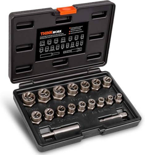 THINKWORK Bolt Extractor Kit, 18-Piece Nut Extractor Socket Set, 3/8' Drive Rounded Bolt Remover, Lug Nut Removal Tool for Damaged, Rusted, Rounded-Off, Stripped Fasteners