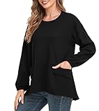 HAPYWER Damen Sweatshirt Oversize Pullover Weit Langarmshirt mit Taschen Oberteil Rundhals Langarm Pulli ohne Kapuze S-XXL(Klassischem Schwarz,XXL)