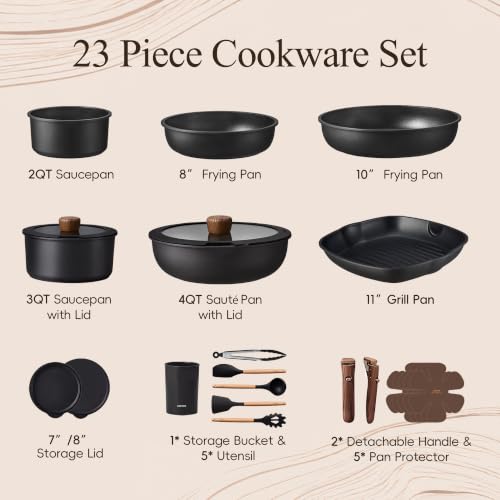 Image of CAROTE 23pcs Pots and Pans Set Non Stick with Detachable Handle, Nonstick Cookware Sets, Kitchen Cooking Set - Camping Cookware, Oven /Dishwasher Safe, Induction Compatible