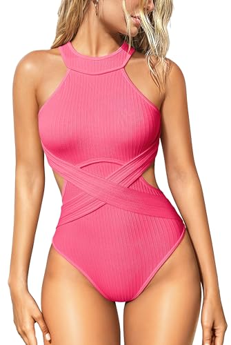 Image of OQQ Women's One Piece Swimsuits Tummy Control High Waisted Cross Bathing Suit Wrap Tie Back 1 Piece Swimwear