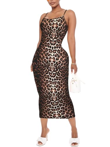 Image of Women's Midi Bodycon Tight Dress - Spaghetti Strap Summer Casual Leopard Cheeath Print Club Party Long Fitted Slip Dresses