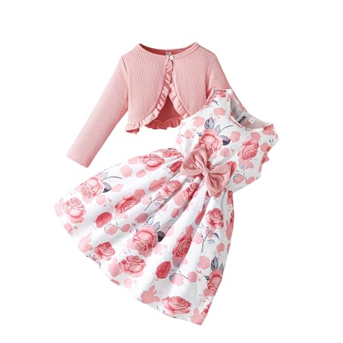 Toddler Girls Ruffle Knitted Cardigan and Cute Bow Sleeveless Floral Dress Shrug Sweaters Set 2 Piece Outfits for 2-10 Years