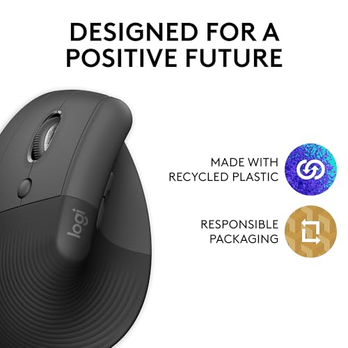Image of Logitech Lift Vertical Ergonomic Mouse, Left-Handed, Wireless, Bluetooth or Logi Bolt USB, Quiet Clicks, 4 Buttons, Compatible with Windows /macOS /iPadOS, Laptop, PC - Graphite