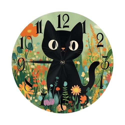 Mexpekil Horloge murale décorative pour la maison, motif chat noir et fleurs, 25,4 cm, horloge murale silencieuse à piles pour chambre à coucher, cuisine,...