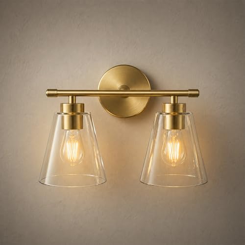 Image of Hamilyeah Bathroom Vanity Light Fixtures Over Mirror, 2 Light Wall Light Fixture with Clear Glass Shade, Gold Sconces Wall Lighting for Bathroom, Kitchen, Living Room