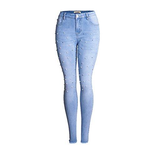 YOUJIA Damen Freizeithose mit Perlen Stretch Skinny Denim Hosen Slim Fit Jeanshose Ripped Jeans (Hell Blau, XL) Cover
