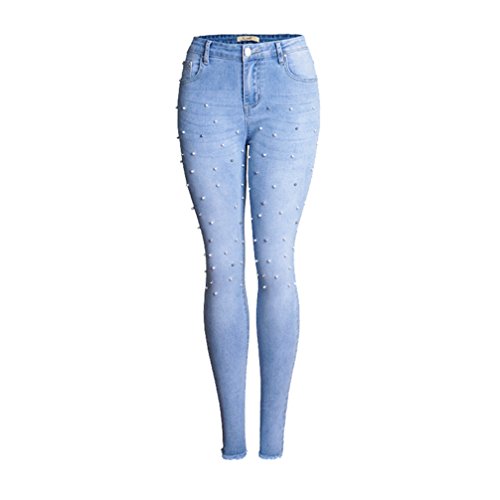 YOUJIA Damen Freizeithose mit Perlen Stretch Skinny Denim Hosen Slim Fit Jeanshose Ripped Jeans (Hell Blau, XL)