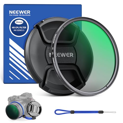 NEEWER Filtre CPL 58mm avec Capuchon Objectif, Filtre Polarisant Circulaire Ultra Fin Multi-résistant avec Revêtement Nano&verre Optique HD pour Objectif,Réduit Reflet&éblouissement,Augmente Contraste