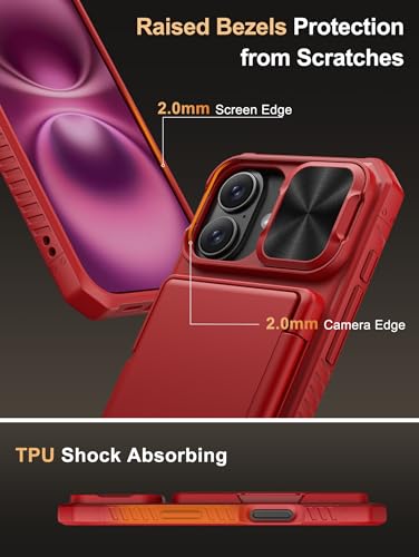 Image of Vihibii for iPhone 16 Wallet Case with Card Holder (4 Cards) [RFID Blocking] & Slide Camera Cover & Raised Edges Protect Screen, Shockproof Rugged Phone Cover for iPhone 16 6.1 inch 2024, Red