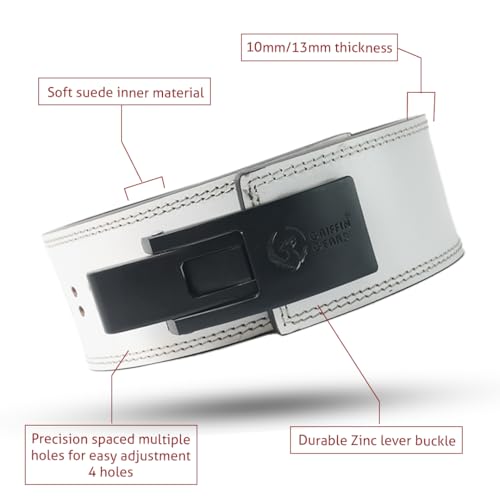 Image of 13MM Lever Gym Belt for Men & Women | 100% Full Grain Genuine Leather Powerlifting Belt | IPF Standard Weight Lifting Belt | White Belt with Black Buckle | Size X-Large