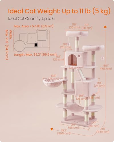 Image of Feandrea Cat Tree, 66.1-Inch Large Cat Tower, Multi-Level Plush Condo with 13 Scratching Posts, 2 Perches, 2 Caves, Basket, Hammock, Pompoms, Jelly Pink UPCT165P01