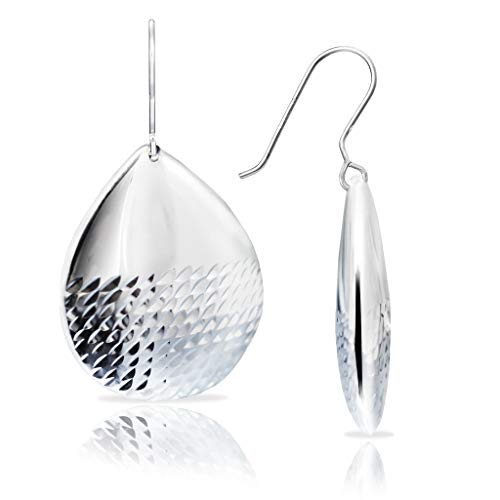 Solidsilver - Sterling Silver Teardrop Diamond-Cut Bottom Design Dangle Hook Earrings #TOP13