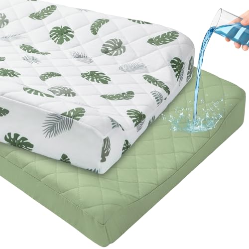 Image of FIOBEE Changing Pad Cover Waterproof 2 Pack Quilted Diaper Change Table Sheets Breathable & Ultra Soft for Newborn Baby Boys Girls Fitted Changer Pads 32 inchx 16 inch, Green