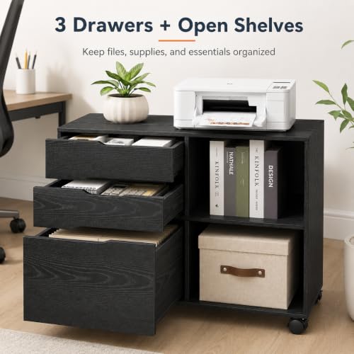 Image of Simple Deluxe 3 Drawer Rolling File Cabinet, Wood Printer Stand with Adjustable Shelf for Home Office Study Organizatiom, Black