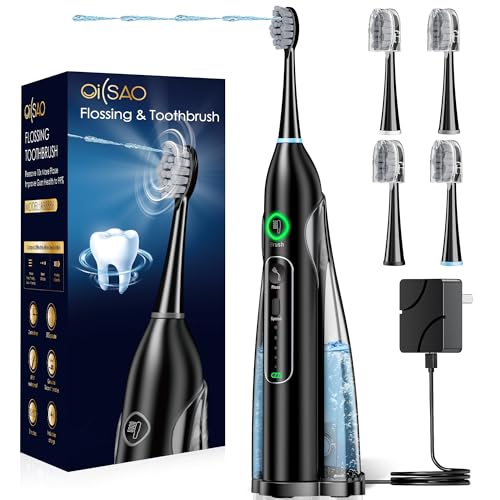 OILSAO Cepillo de dientes eléctrico con hilo dental de agua: cuidado bucal todo en uno con 3 modos de limpieza sónicos, 5 velocidades de hilo dental, 4 cabezales de cepillo, portátil para adultos