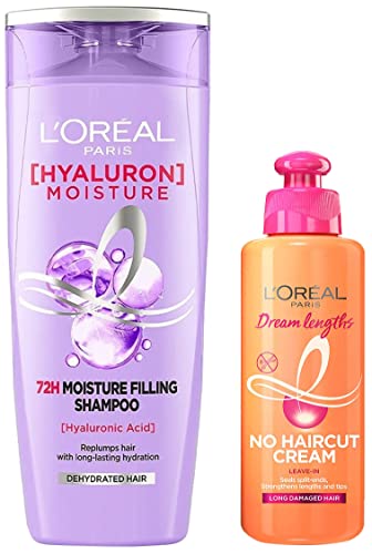 Image of L'Oreal Paris Dream Lengths No Haircut Cream Leave-In Conditioner, 200ml & L'Oreal Paris Hyaluron Moisture 72H Moisture Filling Shampoo180ml