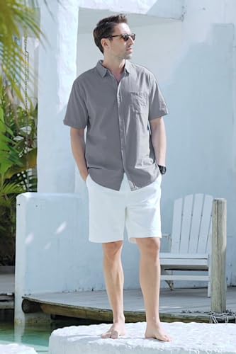 Glacspyg Leinenhemd Herren Kurzarm Leinenhemd Arbeit Freizeithemd Fit Business Casual Urlaub Sommer Strand Hemd Grau 3XL 2